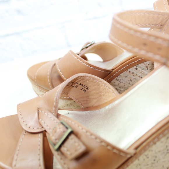 LL BEAN Brown Leather Cork Platform Wedge Ankle Strap Sandals Size 7 M - Picture 7 of 9